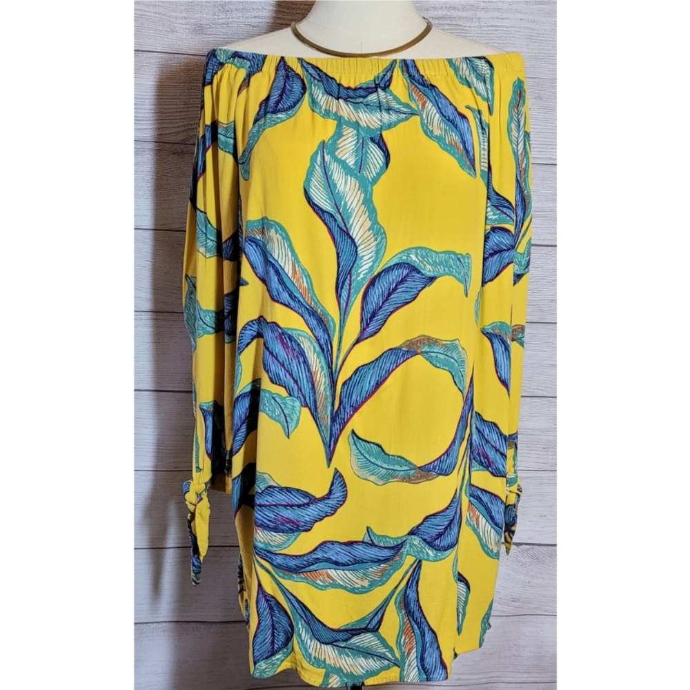 Forever 21 Women's Top Size S Yellow Floral Peasant Sexy Off Shoulder Tie Cuff